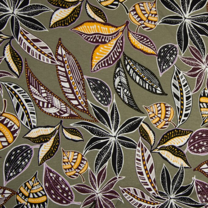 Viscosejersey, Floral bedruckt, oliv